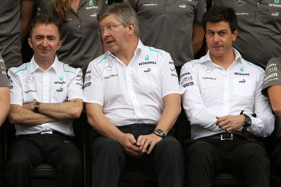 Ross Brawn between Paddy Lowe and Toto Wolff during the Mercedes end-of-season team photo