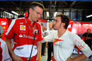 Fernando Alonso chats to James Allison in the Ferrari garage
