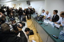 Neurosurgeons and staff members of the Centre Hospitalier Universitaire hospital of Grenoble give a press conference