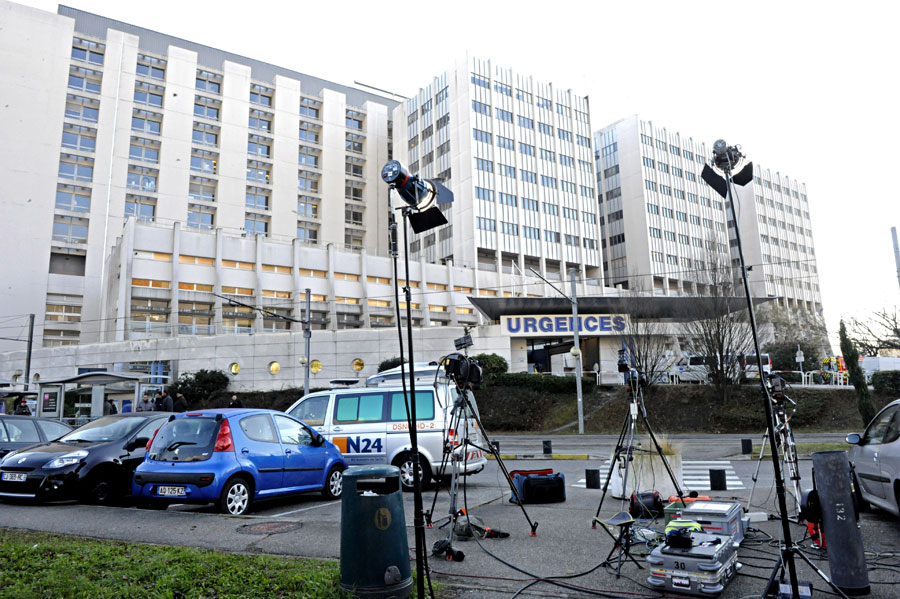 Media equipment outside the Centre Hospitalier Universitaire in Grenoble where Michael Schumacher is being treated for head injuries