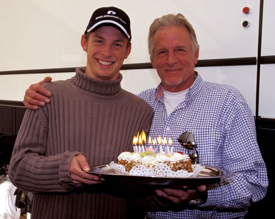 Jenson Button celebrates his 20th birthday during his first F1 test with his father John