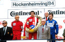 Niki Lauda, Alain Prost and Derek Warwick on the podium