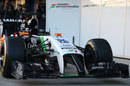 The new Force India VJM07 in the Jerez pit lane