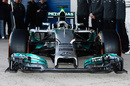 A front end view of the Mercedes W05 in the Jerez pitlane