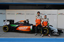 Sergio Perez and Nico Hulkenberg with the VJM07 at its launch in Jerez