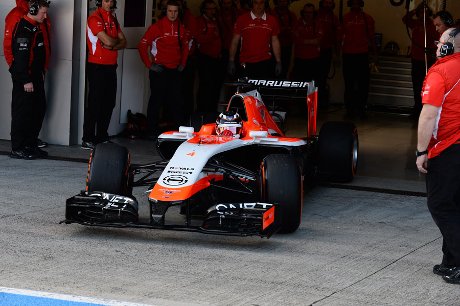 The new Marussia MR03 leaves the pits with Max Chilton at the wheel