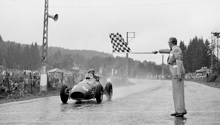 Alberto Ascari crosses the line to win the Belgian Grand Prix