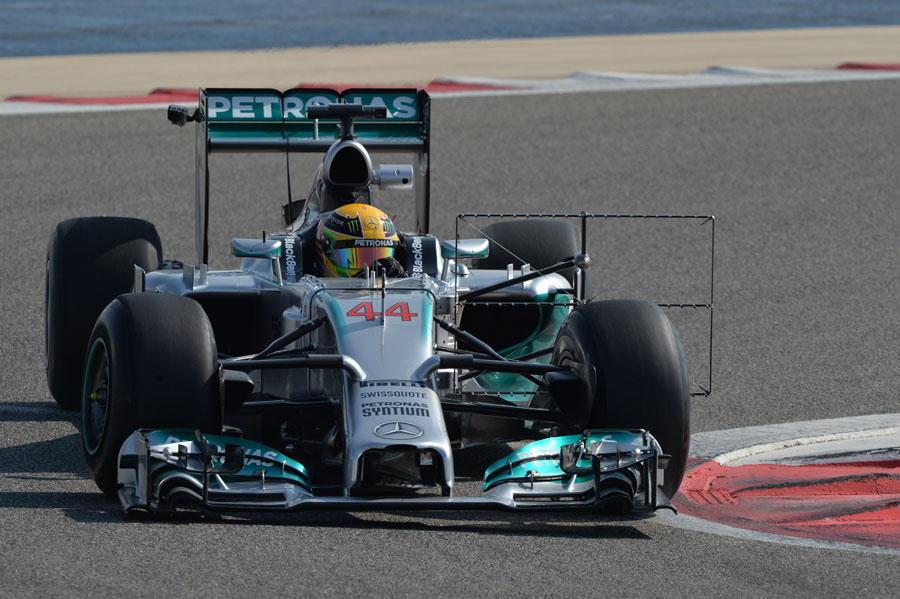 Lewis Hamilton in the Mercedes with an aero measuring device attached