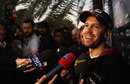 Sebastian Vettel talks to the press at the end of the first day of testing in Bahrain