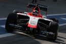 Max Chilton pulls out of the pits in the Marussia