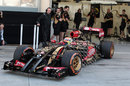 Pastor Maldonado leaves the garage with aero rigging attached to the Lotus E22