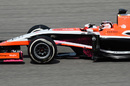 Max Chilton on track with his Marussia covered in 'flo-vis paint'