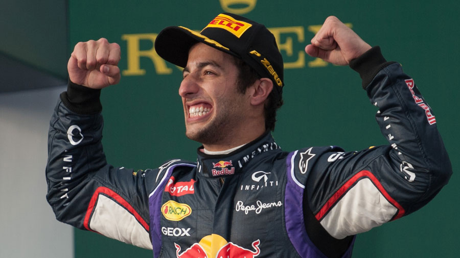 A delighted Daniel Ricciardo on the podium