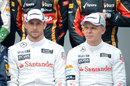 McLaren team-mates Jenson Button and Kevin Magnussen at the pre-season photo