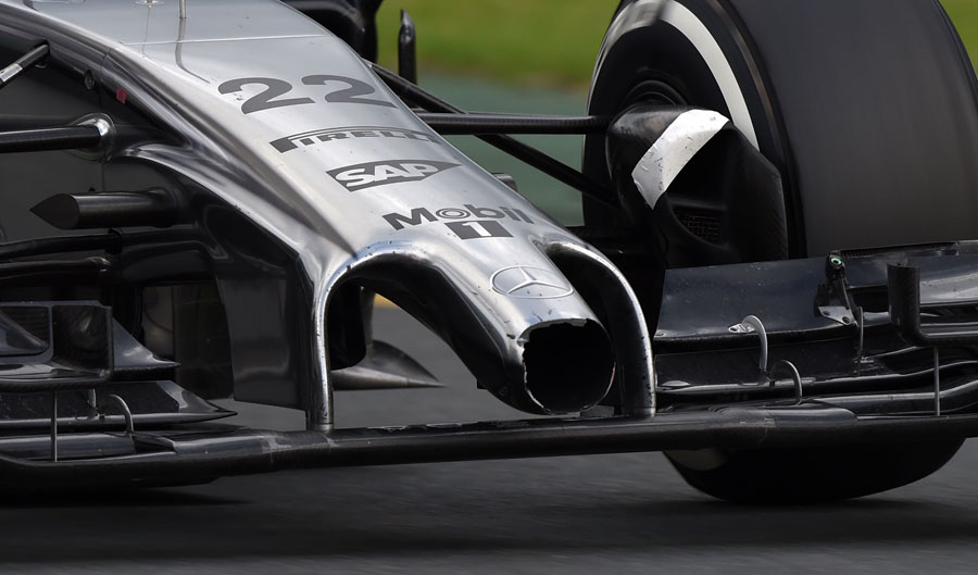 The front nose of Jenson Button's McLaren after coming dislodged at a pit stop