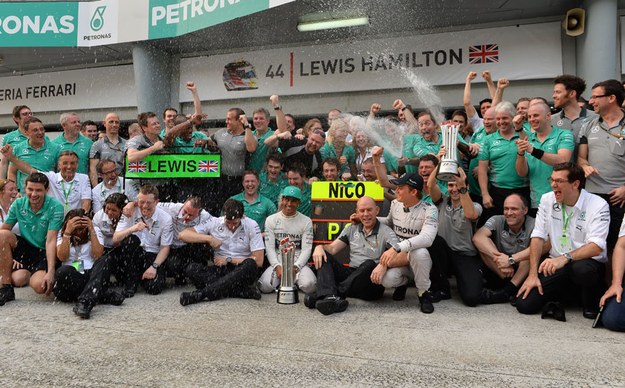 Mercedes celebrates its first one-two finish since 1955