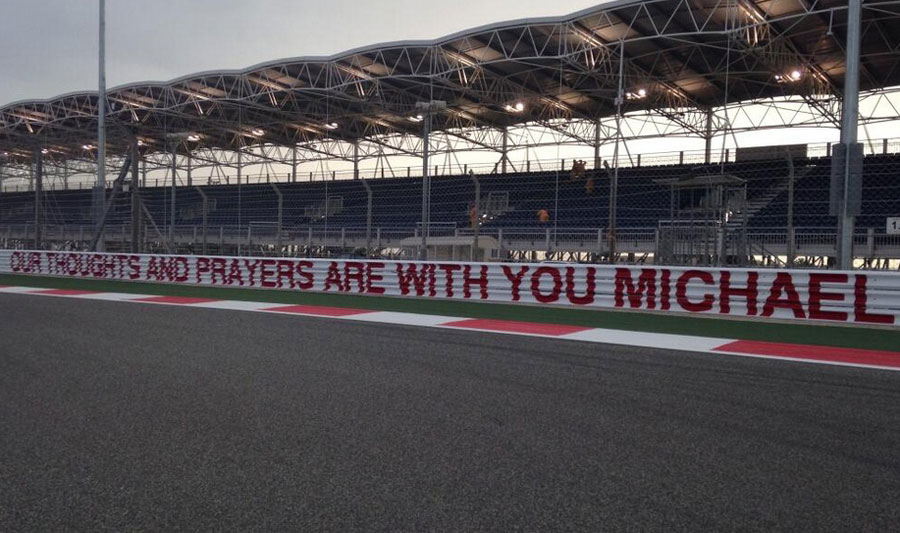 The Bahrain International Circuit with a message to Michael Schumacher