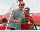 Lewis Hamilton at the helm of former America's Cup yacht, The Spirit