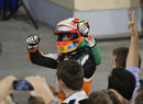 Sergio Perez celebrates his podium in parc ferme