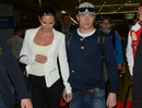 Kimi Raikkonen and girlfriend Minttu Virtanen arrive at the airport ahead of the Chinese Grand Prix 