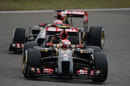 Pastor Maldonado leads team-mate Romain Grosjean on track