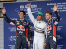 Daniel Ricciardo, Lewis Hamilton and Sebastian Vettel in parc ferme after qualifying