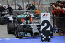 Nico Rosberg arrives in parc ferme in his Mercedes