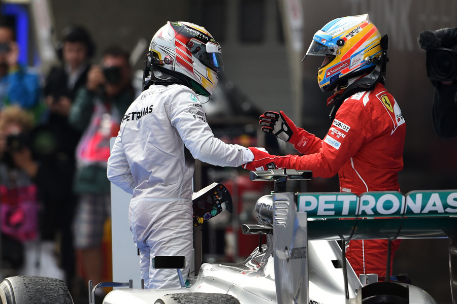 Fernando Alonso congratulates Lewis Hamilton