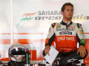 Force India's Dani Juncadella waits for another run in testing