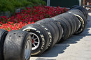Used tyres sit in the paddock after testing
