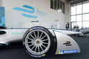 A Formula E car sits in the lobby of the series' headquarters at Donnington Park