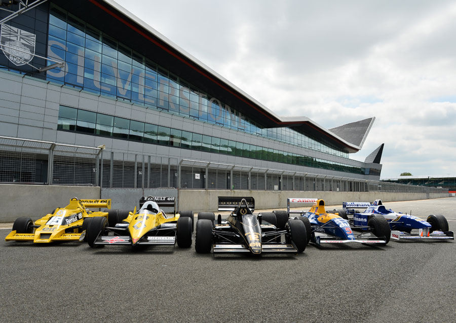 Renault-powered cars on display at a PR event at a sunny Silverstone