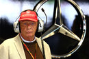 Niki Lauda watches on in the Mercedes garage during Friday practice