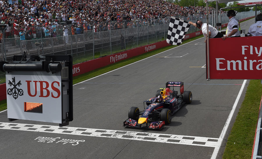 Daniel Ricciardo crosses the line for his first F1 victory