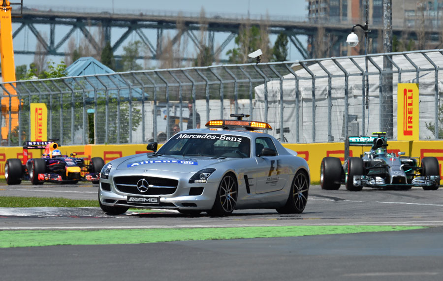 The safety car leads the pack through the final chicane