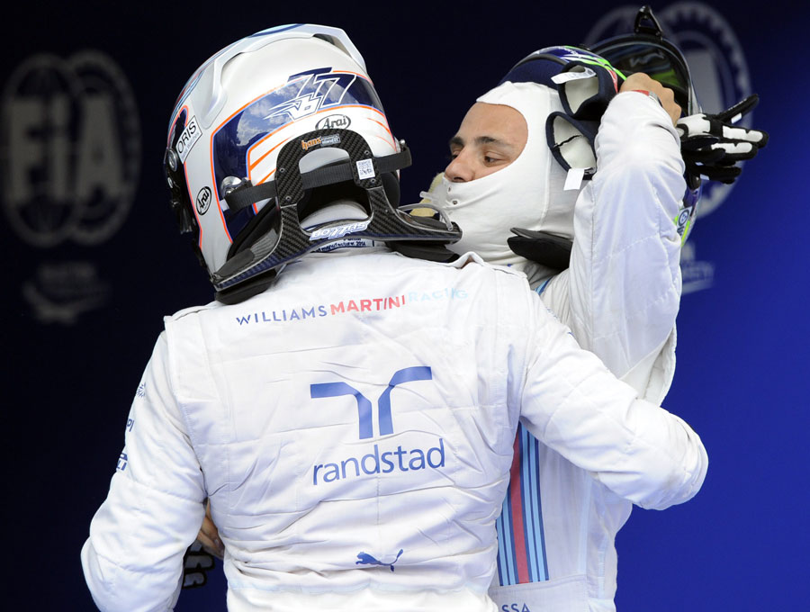 Valtteri Bottas is congratulated on his maiden podium by team-mate Felipe Massa