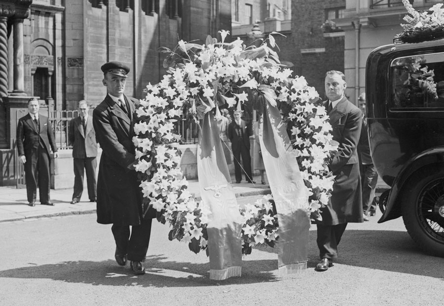 A wreath from Adolf Hitler at the funeral service for Richard Seaman who was killed driving at the Belgian Grand Prix
