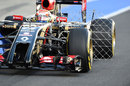 Pastor Maldonado emerges from the pits with an aero sensor on his car