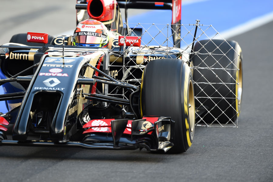 Pastor Maldonado emerges from the pits with an aero sensor on his car