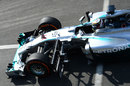 Lewis Hamilton leaves the pits with an aero sensor on his Mercedes
