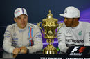 Valtteri Bottas talks in the press conference with race-winner Lewis Hamilton watching on