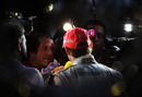 Jenson Button chats to the media after his win