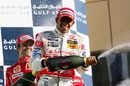 Lewis Hamilton celebrates his second place finish at the Bahrain Grand Prix