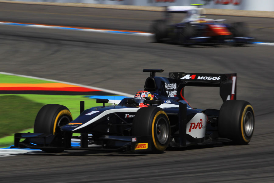 Mitch Evans exits a corner in the GP2 feature race