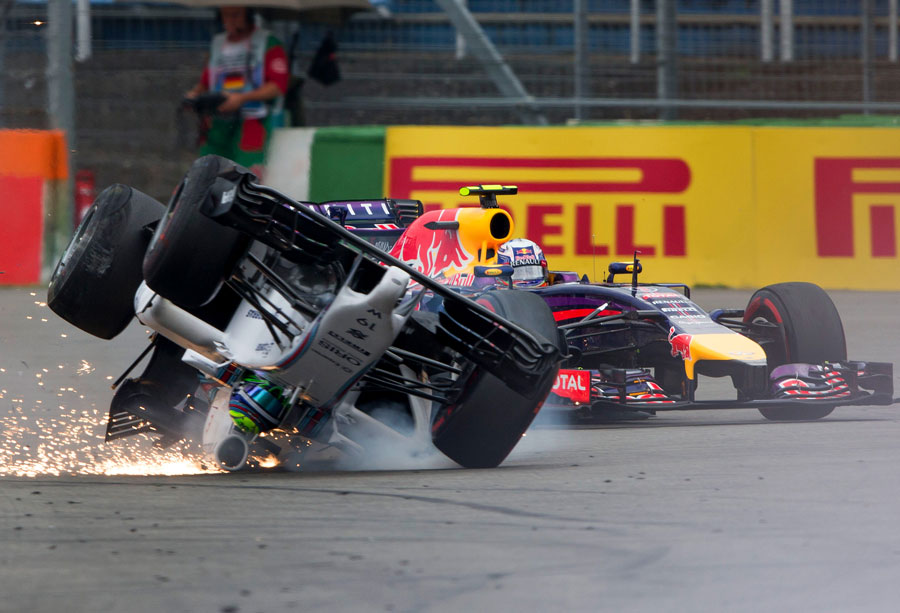 Daniel Ricciardo avoids an upside-down Felipe Massa