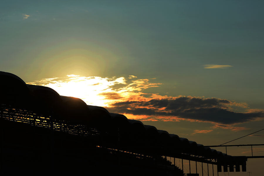 The sun sets over the Hungaroring grandstand