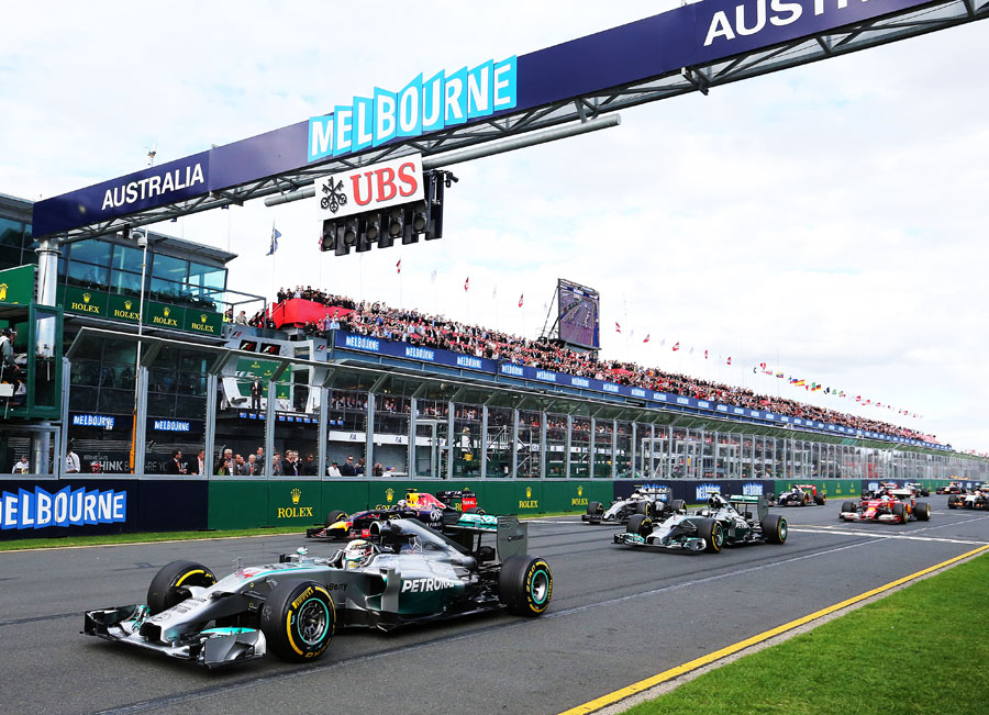 Lewis Hamilton leads the grid away at the start of the race