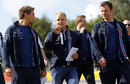 Valtteri Bottas walks the track with his engineers 