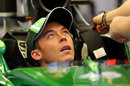 Andre Lotterer sits in the Caterham cockpit in the garage on Thursday