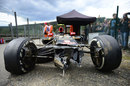 The wreckage of Pastor Maldonado's Lotus after his accident in FP2